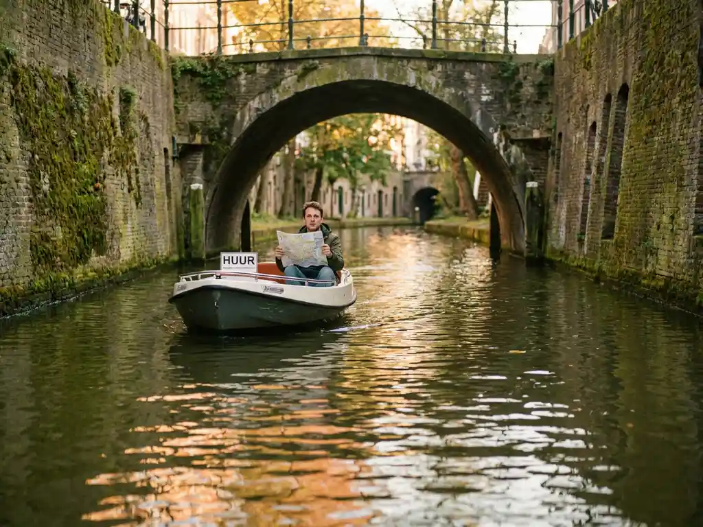 Confused tourist steering a small electric boat toward a low stone arch bridge on a narrow Utrecht canal, golden afternoon light on green water.