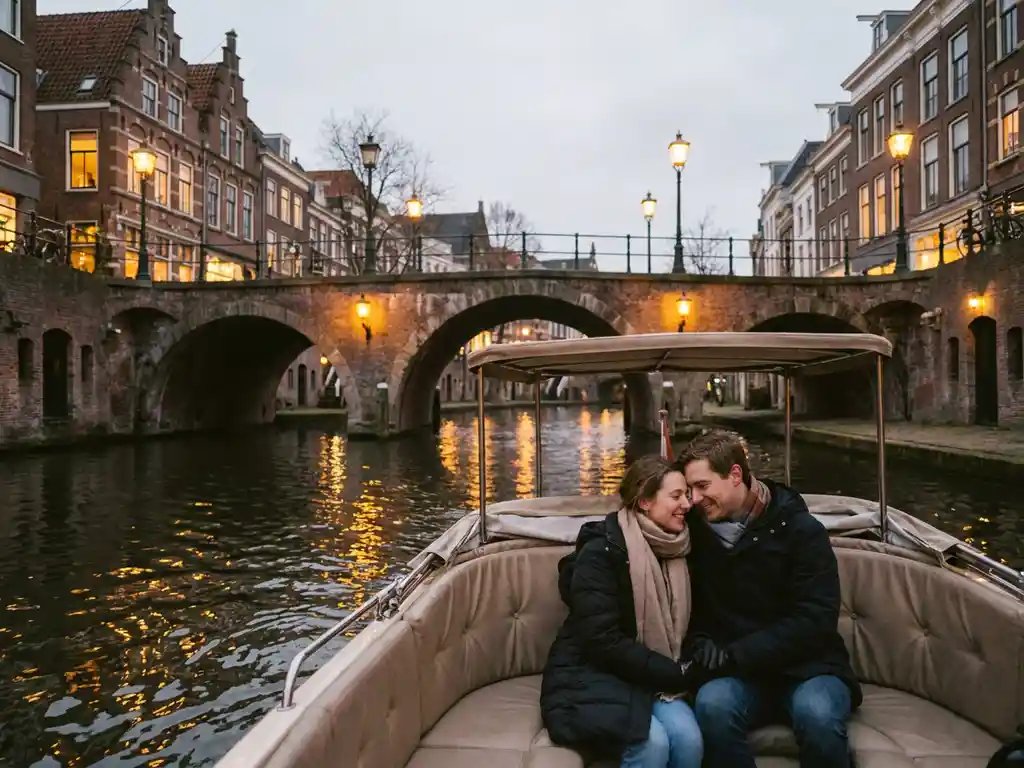 Couple on an electric canal boat gliding under a stone bridge in Utrecht, golden lantern light reflecting on the water at dusk.