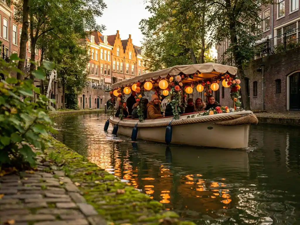 Festively decorated electric canal boat with lanterns and flowers gliding through Utrecht's tree-lined waterway at golden hour.