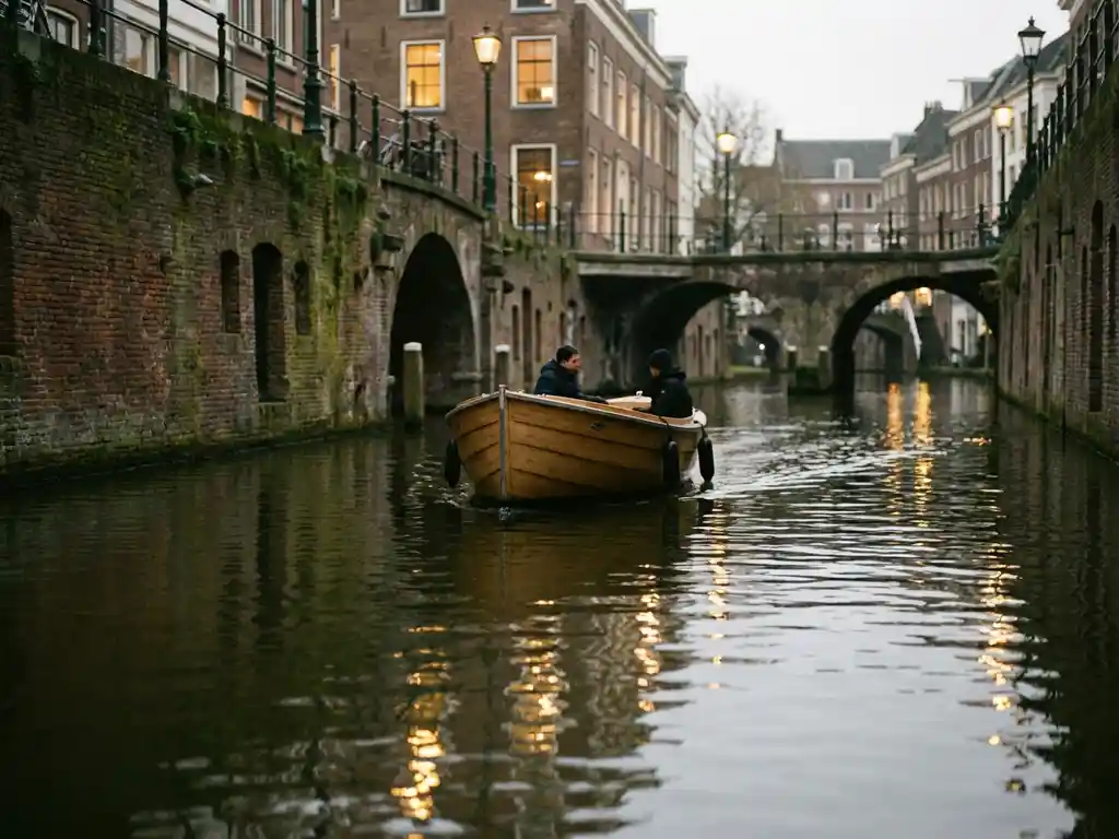Electric boat gliding through a narrow Utrecht canal, mossy brick walls reflecting golden light on calm water at eye level.