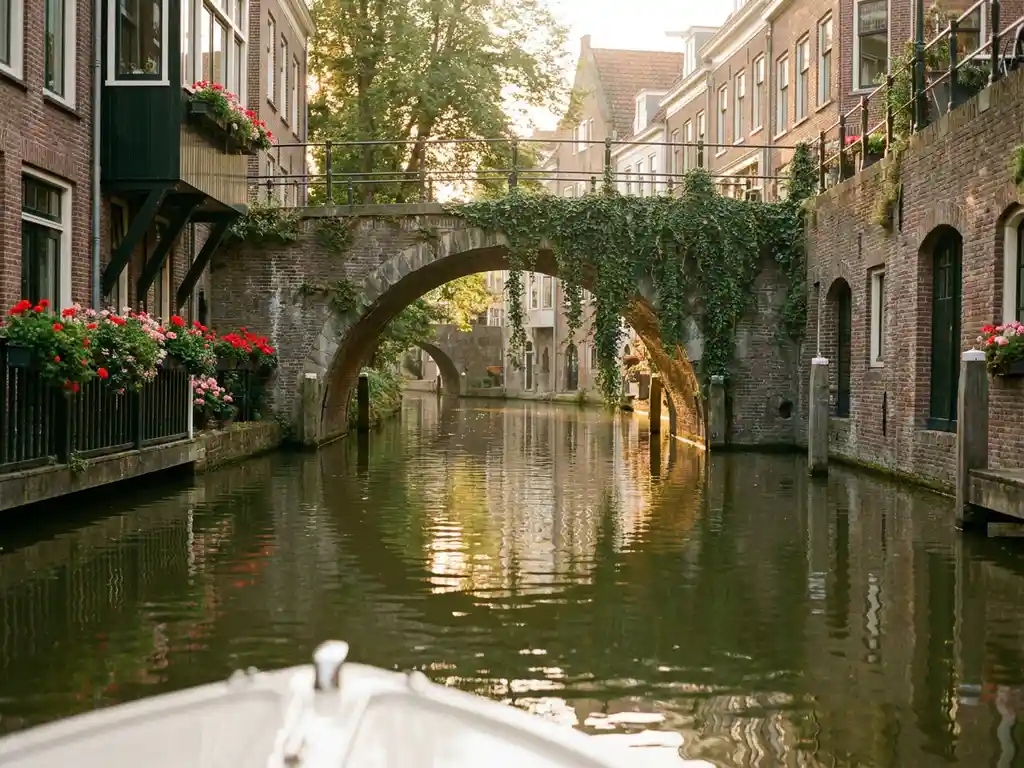 Electric boat gliding through a narrow Utrecht canal beneath an ivy-draped stone bridge, brick townhouses with flower-filled windowsills reflecting in calm green water.