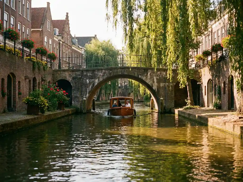 Electric boat passing under a stone bridge on a Utrecht canal, flanked by Dutch brick townhouses with flower-filled windowsills and willow reflections.