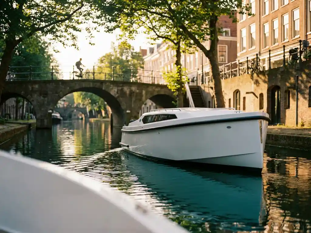 White electric boat on a narrow Utrecht canal lined with Dutch gabled houses, cyclist on stone bridge, golden afternoon light on teal water.