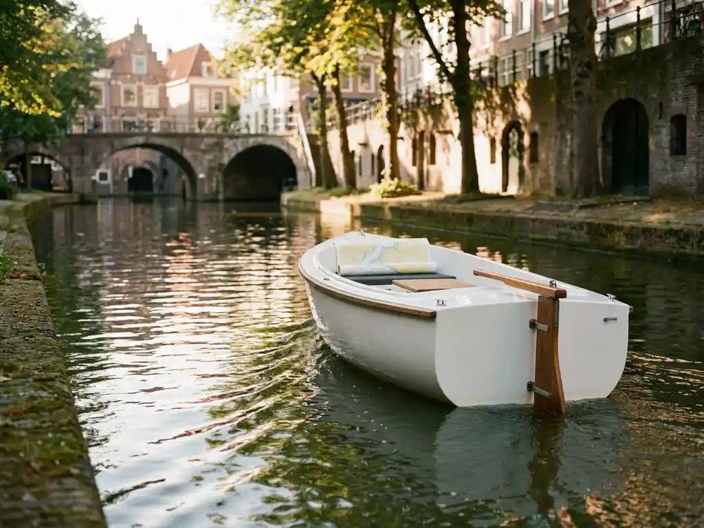 White electric boat navigating a narrow Utrecht canal, Dutch brick facades and arched stone bridges reflected in calm green water, golden afternoon light.