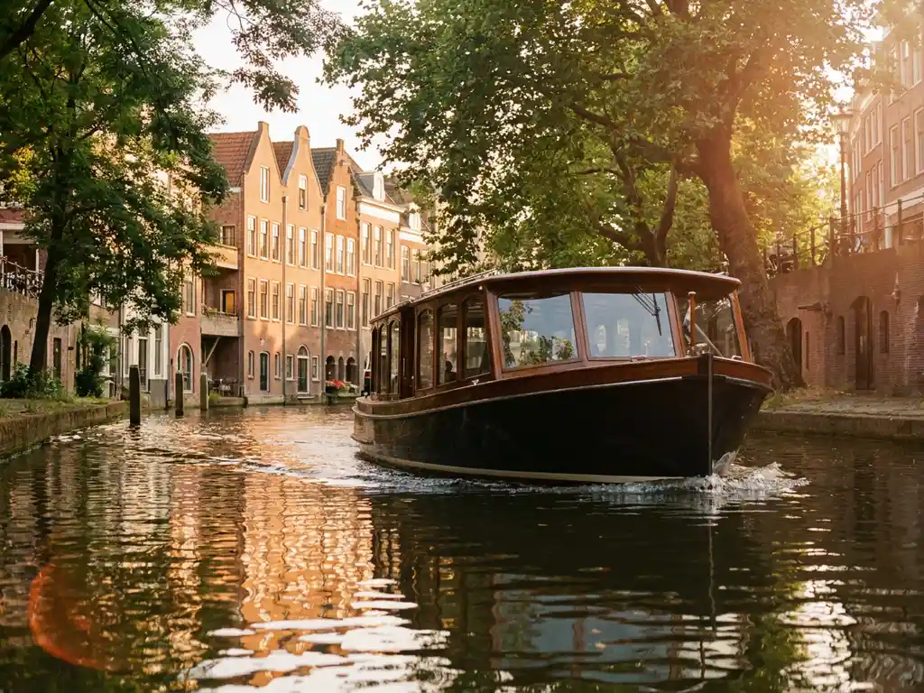 Electric boat gliding through a narrow Utrecht canal flanked by historic Dutch gabled facades and green trees in warm afternoon light.