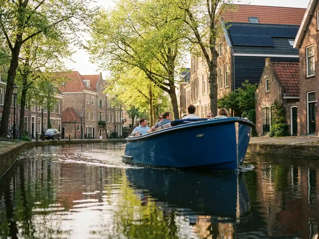 Electric boat gliding through a sunlit Utrecht canal, framed by green trees and historic brick canal houses reflected in calm water.