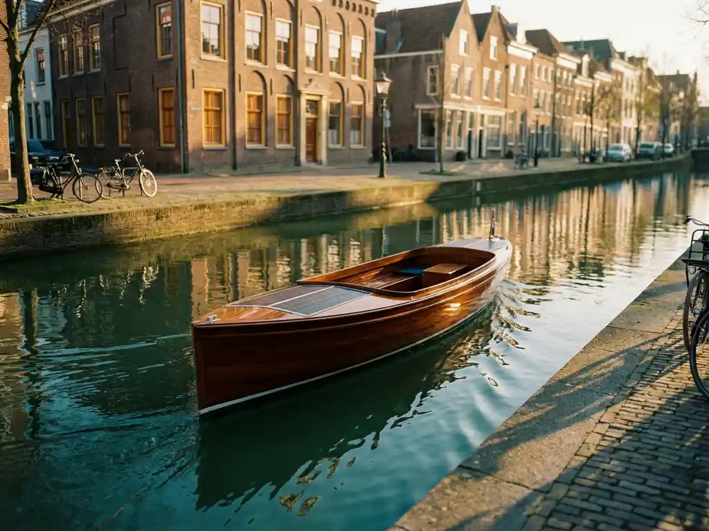 Solar-powered electric boat on a Utrecht canal, historic Dutch gabled facades reflecting in calm green-blue water, golden afternoon light.
