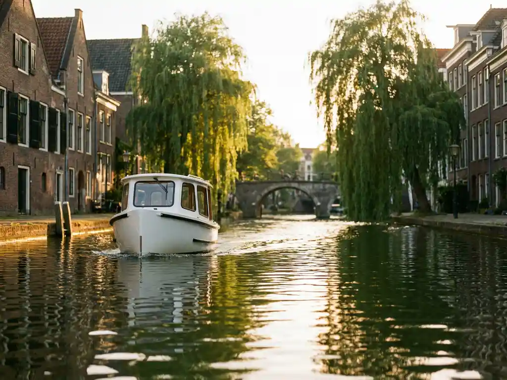 White electric boat gliding through a sunlit Utrecht canal, framed by historic brick facades and weeping willows reflecting in calm green water.