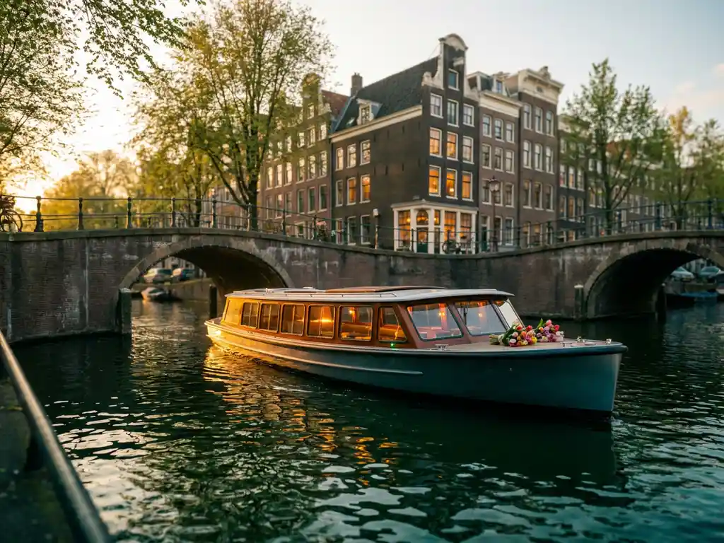 Electric canal boat gliding under an arched Amsterdam bridge at golden hour, tulips on bow, historic gabled houses reflected in green water.