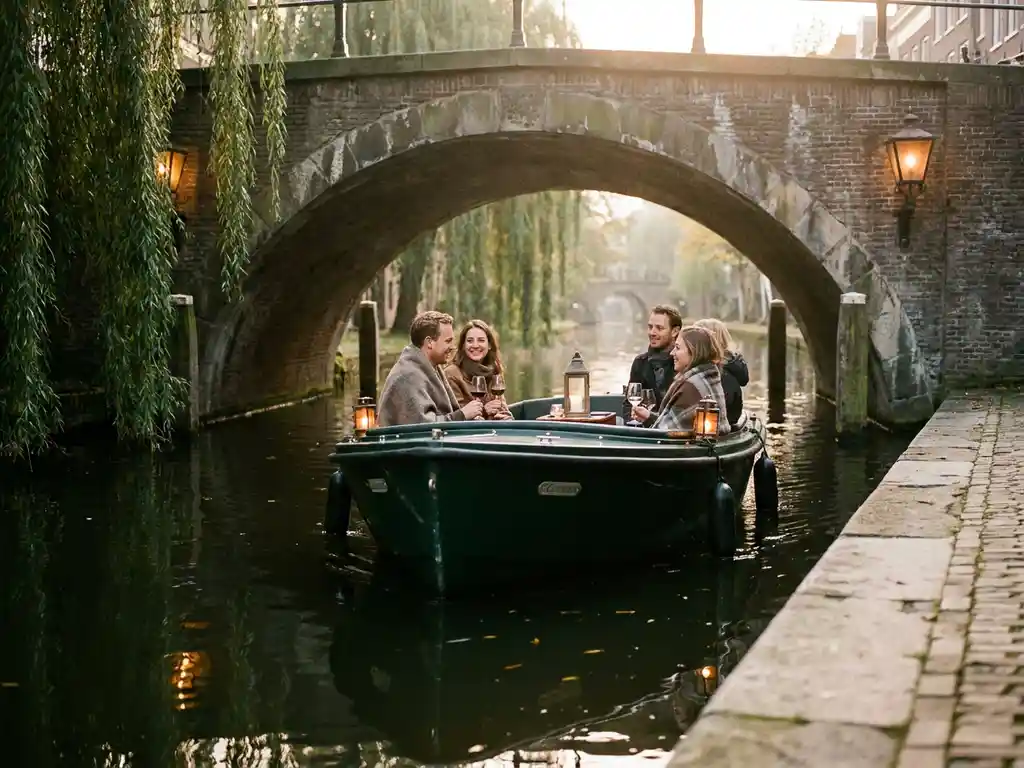 Electric canal boat passing under a historic Utrecht bridge, passengers relaxing with wine glasses beneath warm amber lanterns and trailing willows.