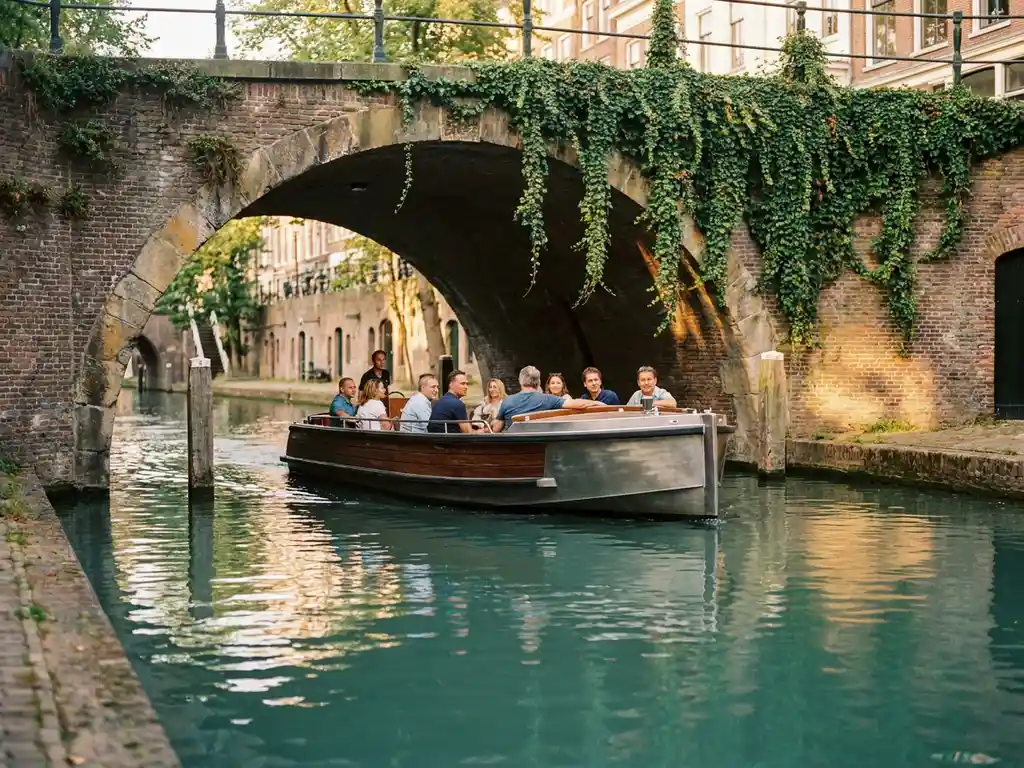 Electric canal boat gliding under a historic stone bridge in Utrecht, ivy-covered brick walls and golden afternoon light reflecting on teal water.