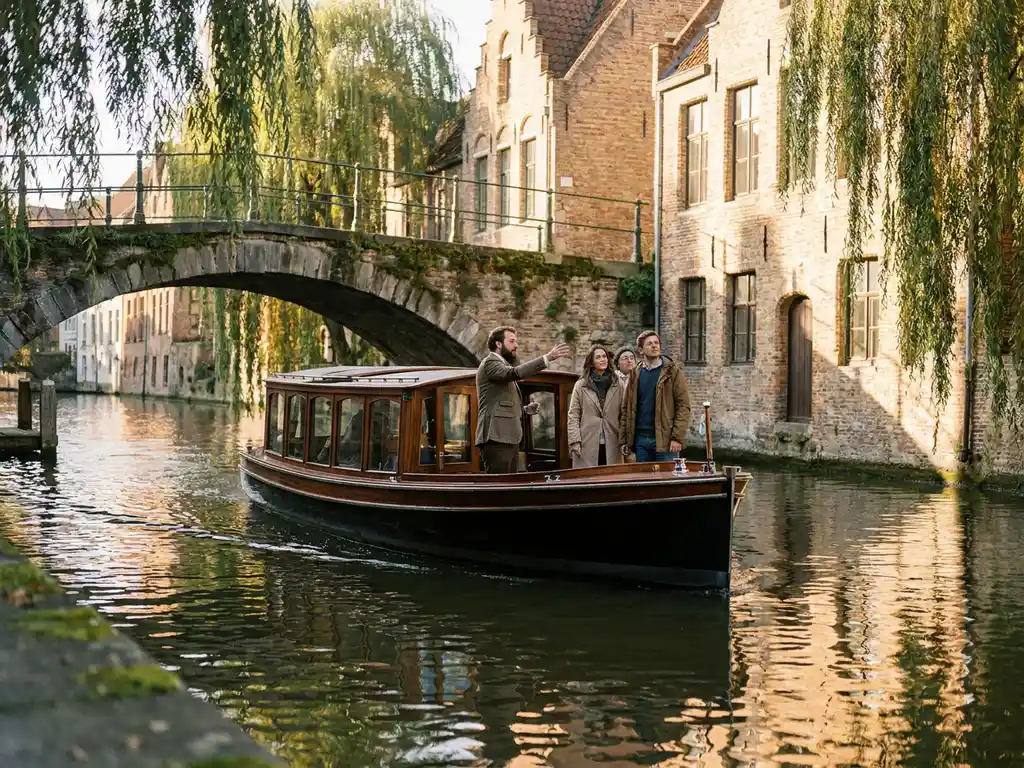 Electric canal boat passing under a stone arch bridge in Utrecht, guide pointing at historic brick facades along the waterway.