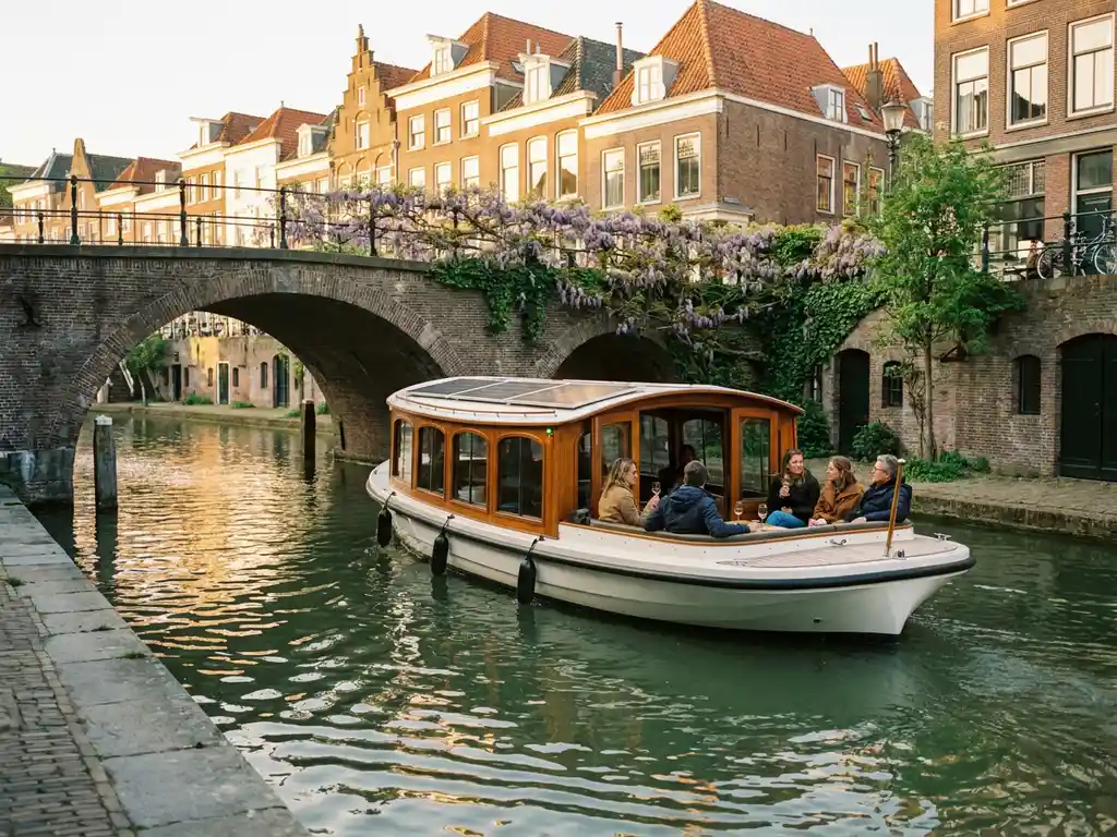 Electric canal boat passing under a vine-covered arched bridge in Utrecht, with jade-green water and historic Dutch brick facades.