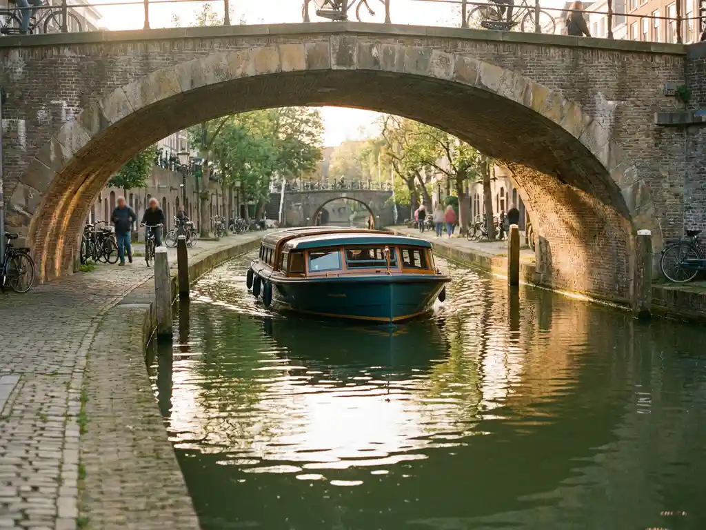 Electric canal boat gliding under a historic stone bridge in Utrecht, golden afternoon light reflecting on calm green water with cyclists on cobblestone banks.