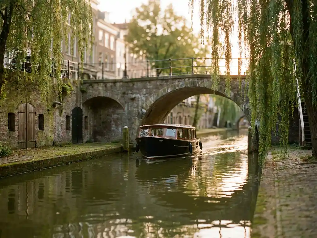 Electric canal boat gliding under a historic Utrecht bridge, surrounded by brick wharf-cellars and weeping willows in golden afternoon light.