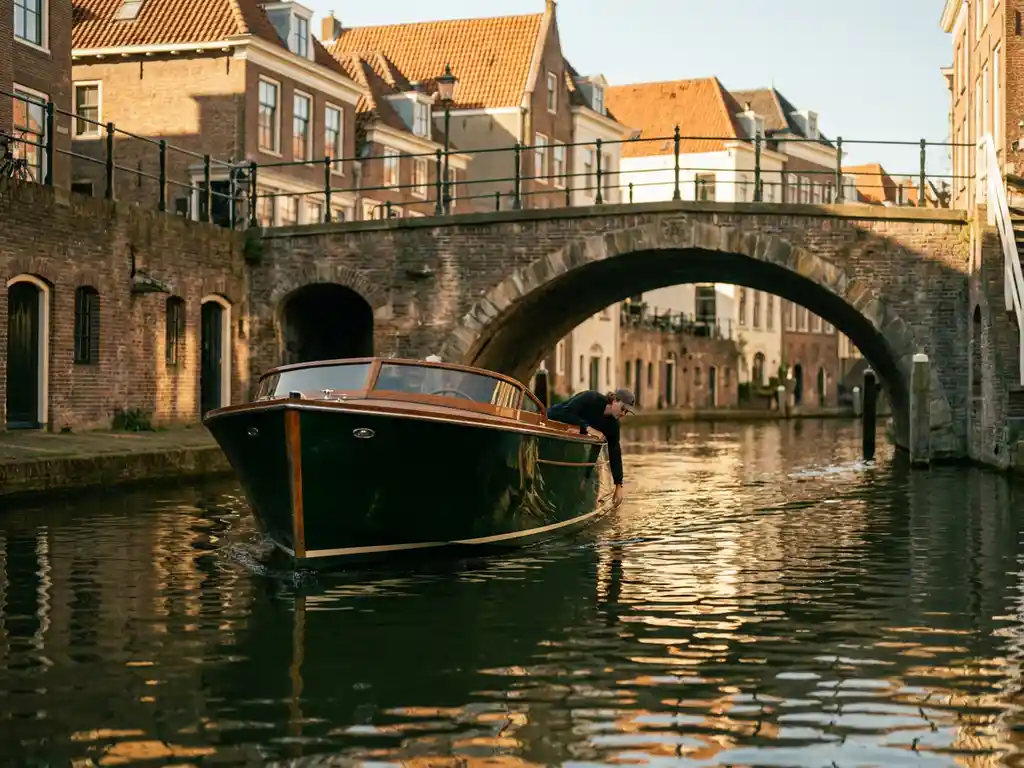 Electric canal boat gliding under a historic Utrecht stone bridge, golden afternoon light reflecting on green water beside terracotta brick facades.