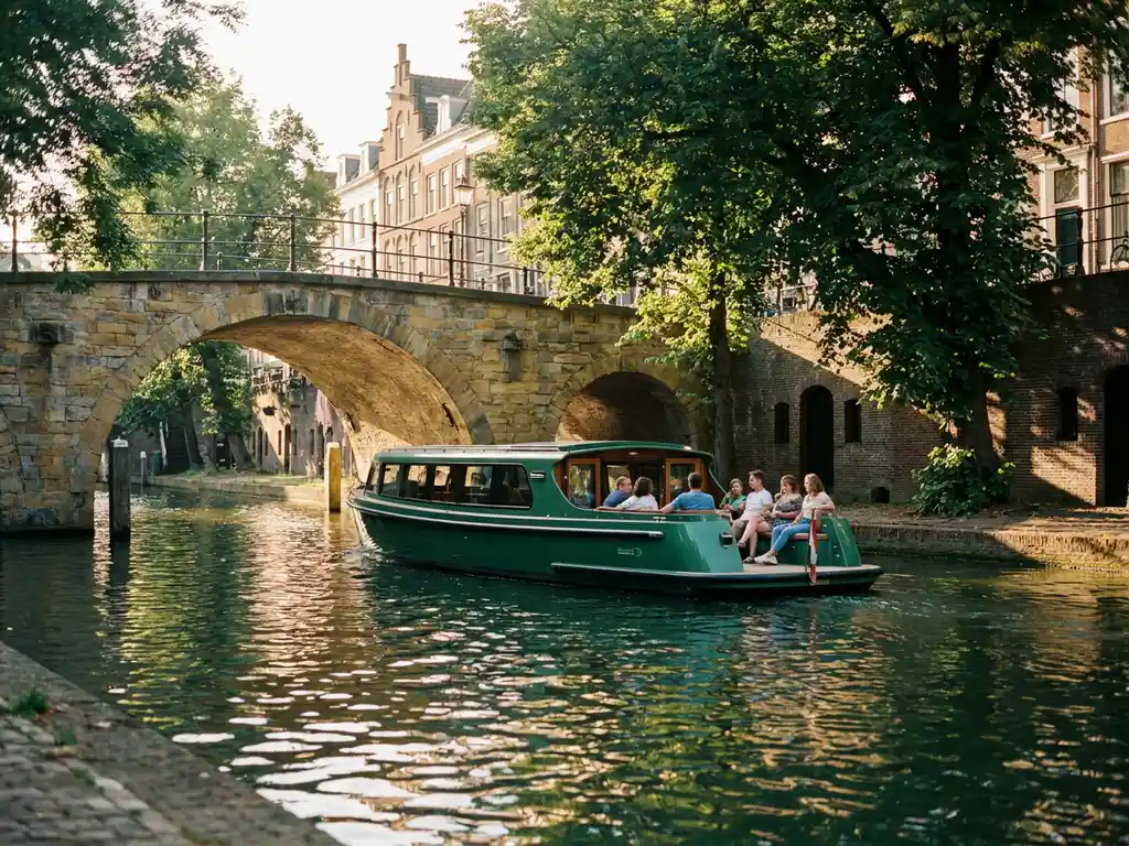 Electric canal boat passing under a historic stone bridge on a Utrecht canal, golden-hour light reflecting on teal water.