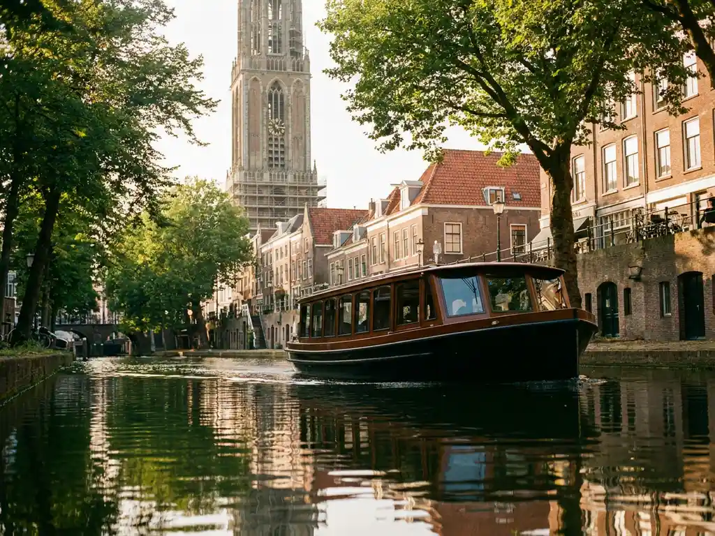 Electric canal boat on a Utrecht waterway with the Dom Tower rising above terracotta rooftops, framed by green trees in golden afternoon light.