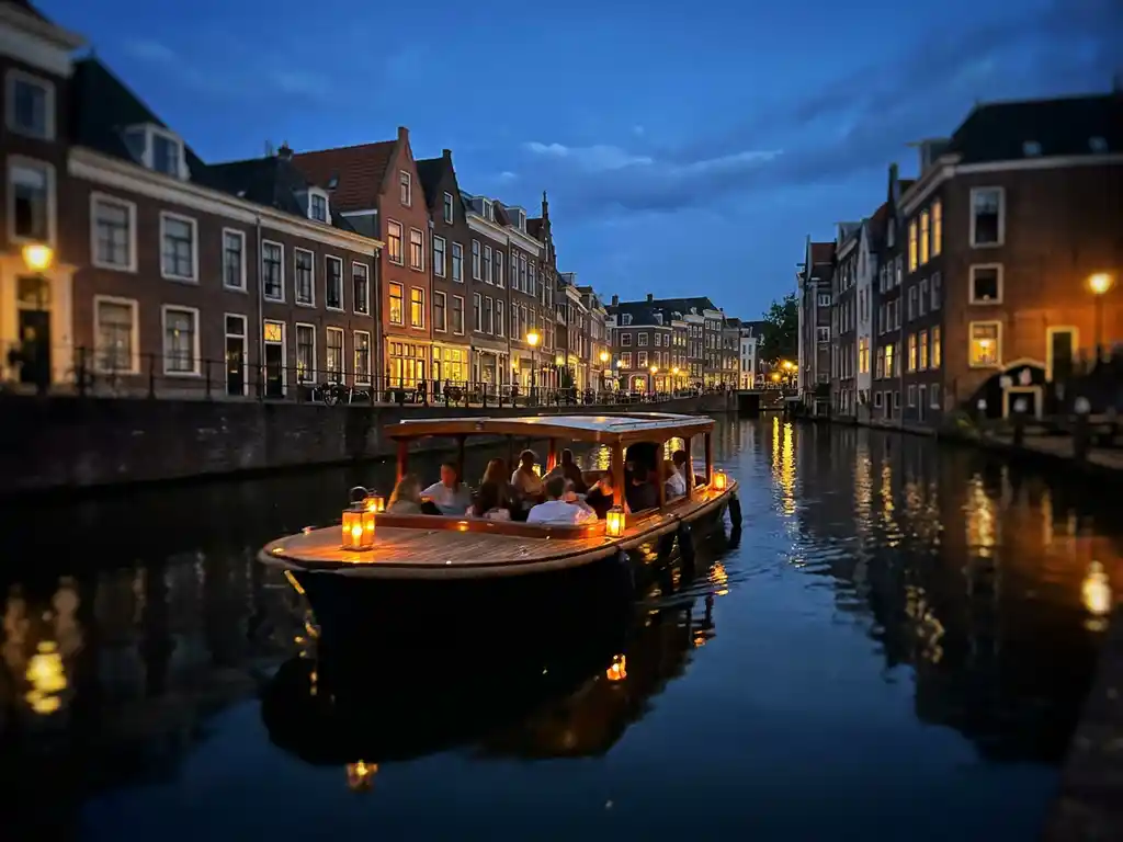 Electric canal boat gliding through Utrecht at dusk, amber lantern light reflecting on calm water beside historic Dutch gabled facades.