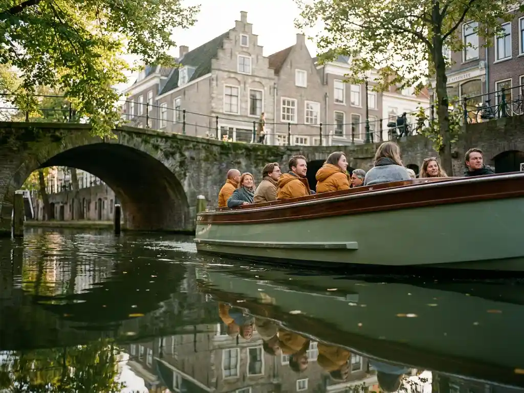 Electric canal boat gliding under a Utrecht bridge past historic stepped gable facades reflecting in green canal water, golden afternoon light.