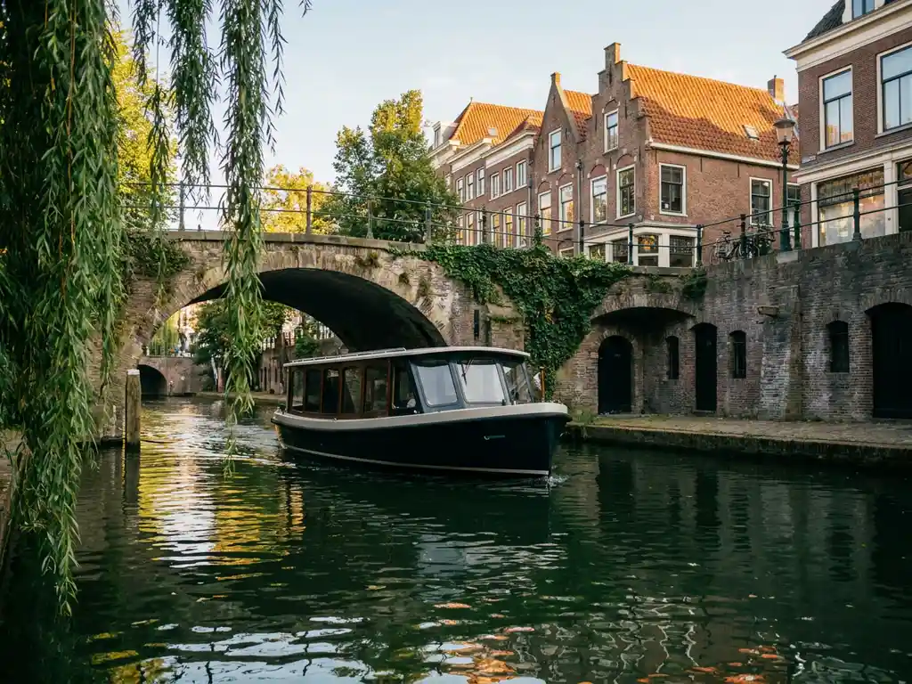 Electric canal boat passing under a historic Utrecht stone bridge, framed by willow trees and Dutch canal houses reflected in emerald water.