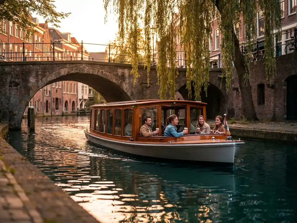Electric canal boat gliding under a stone arch bridge on a sunlit Utrecht canal, flanked by red-brick facades and willow trees.