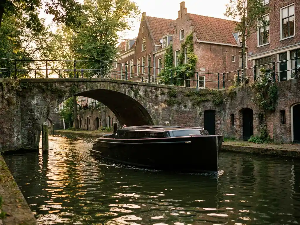Electric canal boat passing under a stone bridge in Utrecht, with historic stepped-gable facades reflecting in golden afternoon light.