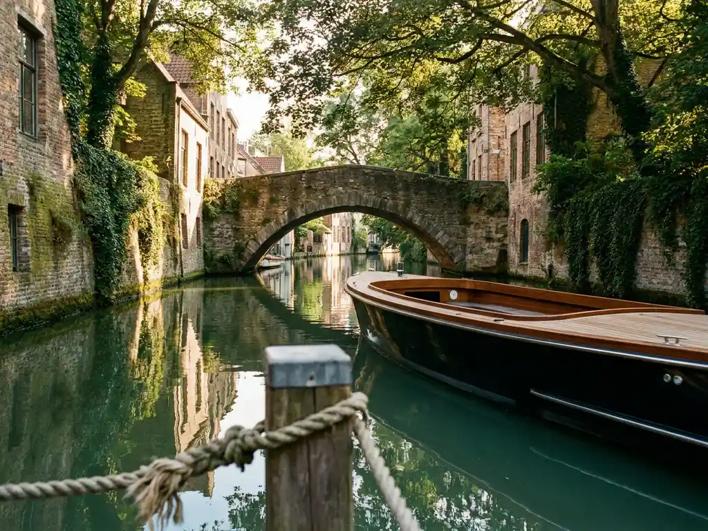 Electric canal boat passing under a stone bridge on a narrow Utrecht canal, framed by ivy-covered brick facades reflecting in still green water.