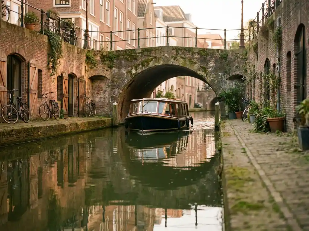 Electric canal boat passing under a stone arch bridge on a narrow Utrecht canal, flanked by historic red-brick wharf cellars in warm afternoon light.
