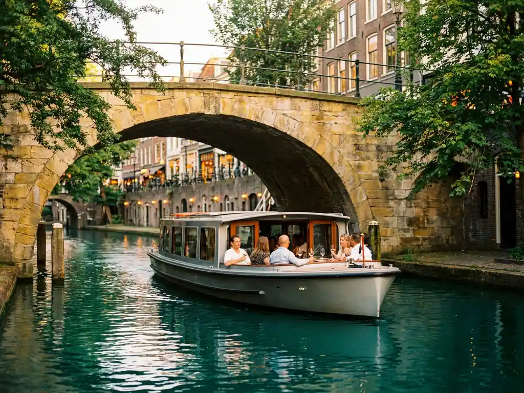 Electric canal boat passing under a stone bridge on a Utrecht canal, passengers relaxing with wine glasses, golden afternoon light on teal water.