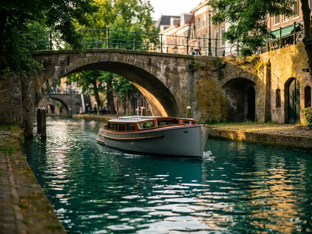 Electric canal boat passing under a historic arched stone bridge on a Utrecht canal, flanked by green trees and golden sunlight on teal water.