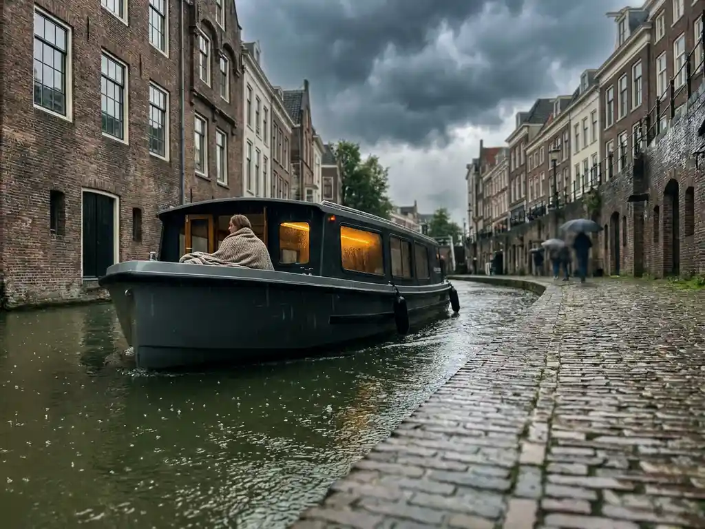 Electric canal boat gliding through Utrecht's historic waterways under a stormy sky, warm amber cabin light glowing inside against wet brick facades.