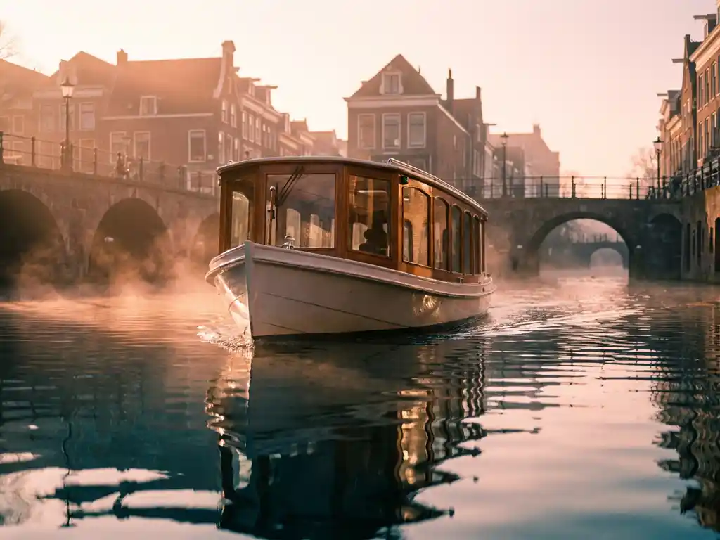 Electric canal boat gliding through misty Utrecht canal at sunrise, golden-pink light reflecting on water beside historic Dutch gabled facades.