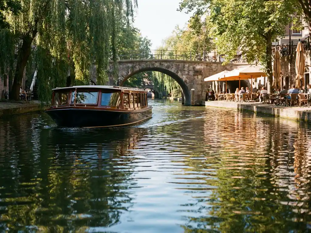 Electric canal boat gliding under a stone bridge on Utrecht's tree-lined waterways, with café terraces and willows reflected in calm afternoon light.