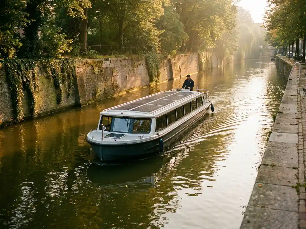 Electric canal boat with solar panels gliding through Utrecht's ivy-lined historic waterways in warm afternoon light.