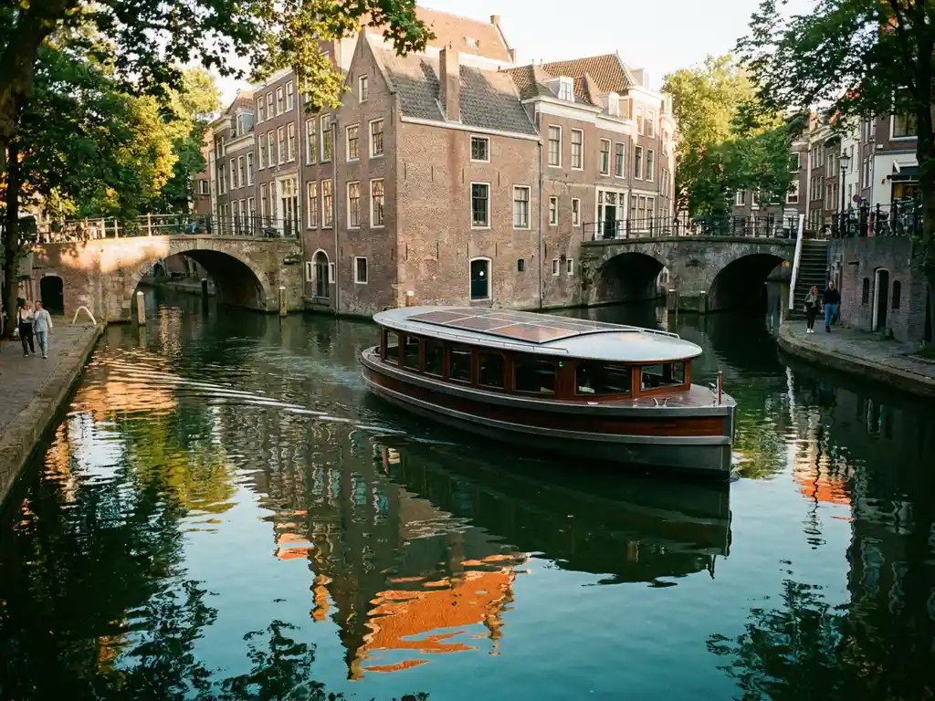 Electric canal boat with solar panels gliding through Utrecht's historic waterways, brick facades and stone bridges reflected in calm water at golden hour.