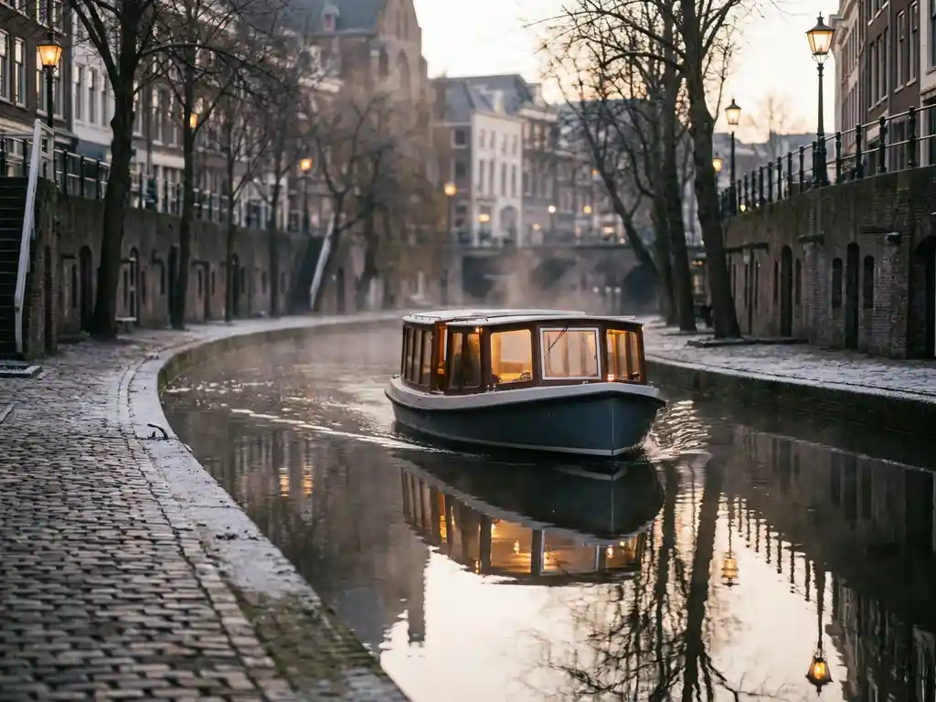 Electric canal boat gliding through Utrecht's wharfside canals in winter, warm amber cabin light reflecting on still misty water.
