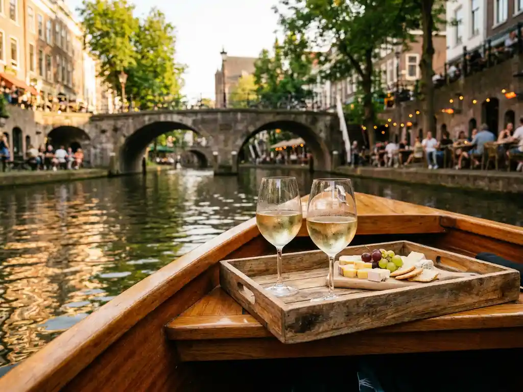 Wooden tray with white wine glasses and cheese board on an electric canal boat gliding past Utrecht's medieval stone bridges in golden afternoon light.