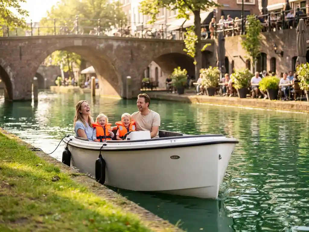 Young family with two children laughing on a white electric boat in a sunlit Utrecht canal, historic Dutch bridges and terraces in background.