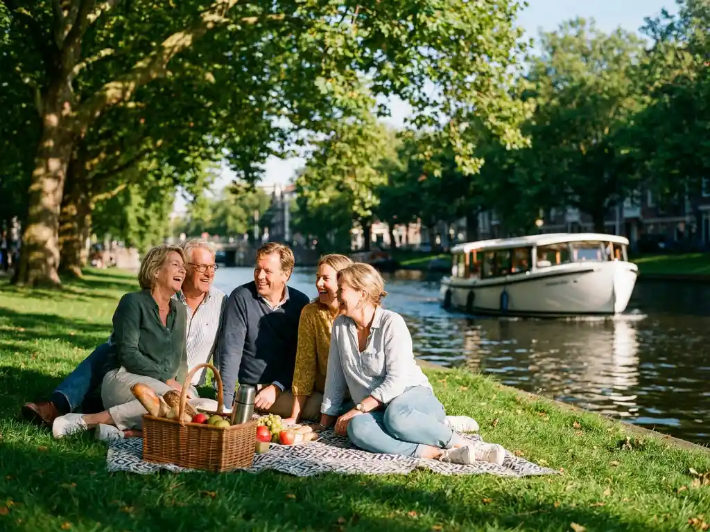 Family picnicking on green grass beside an Amsterdam canal, Dutch elm trees casting shadows, white electric boat gliding past in warm afternoon light.