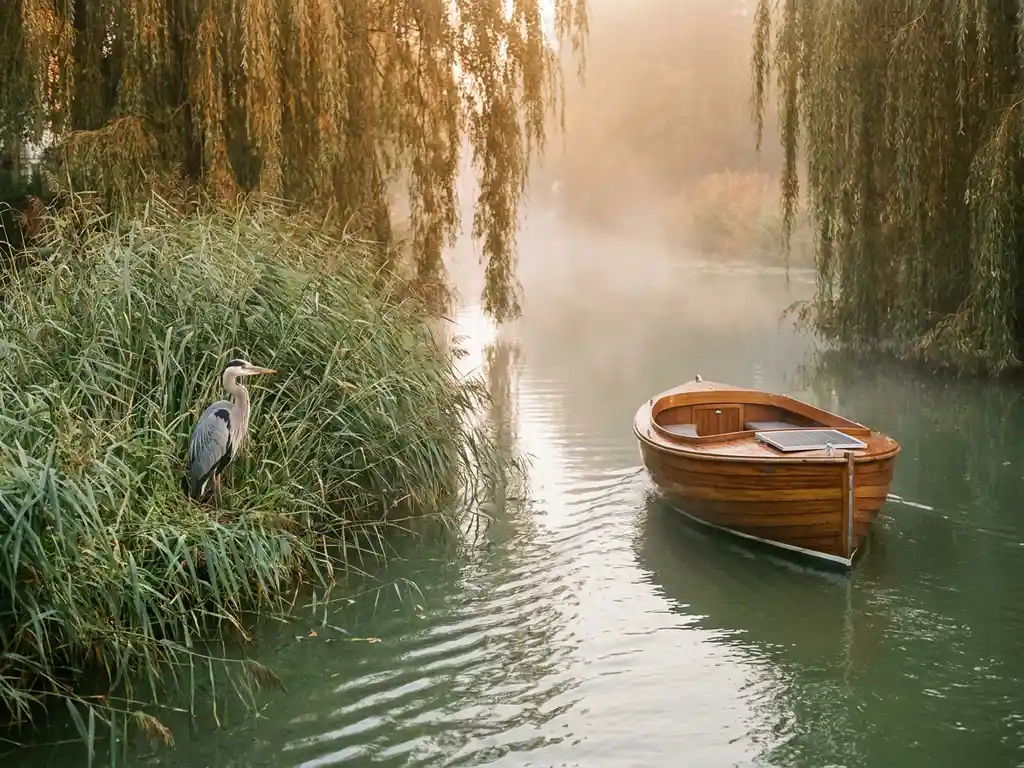 Great blue heron perched at a reedy Utrecht canal bank as a wooden electric boat glides past on misty green water at golden hour.