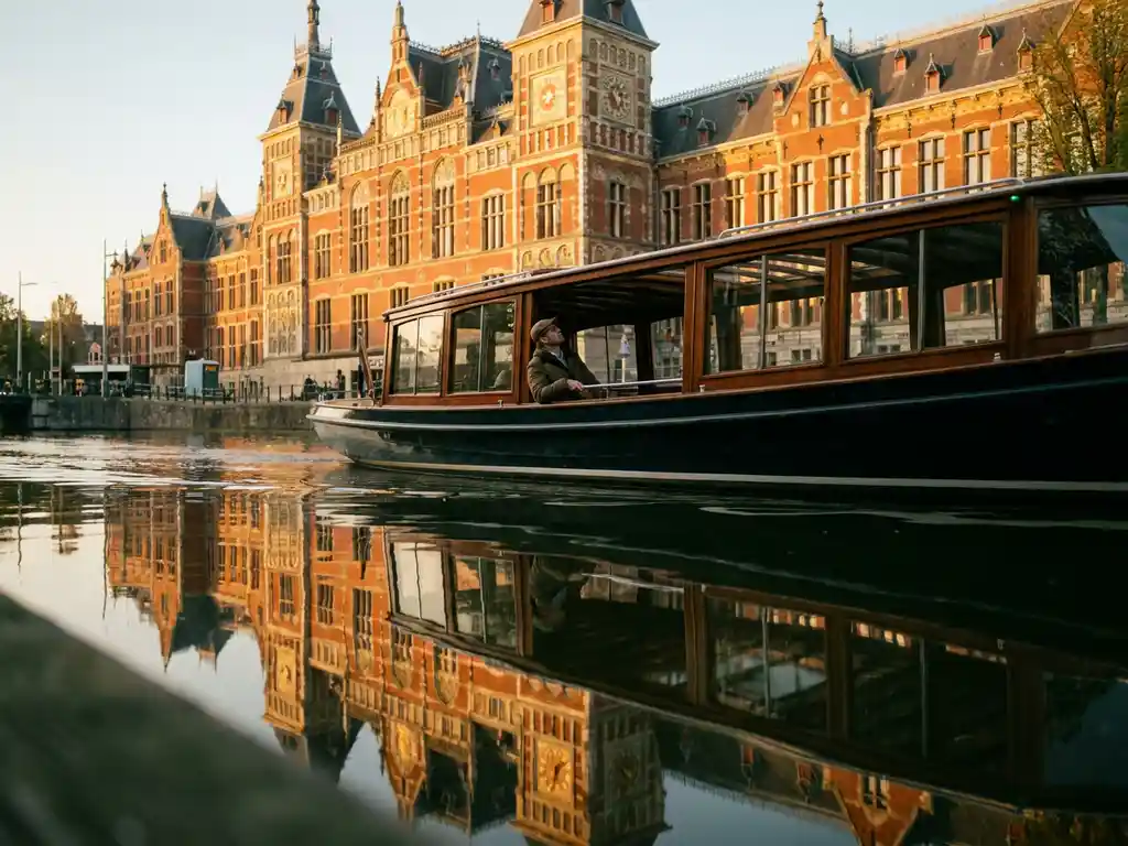 Electric canal boat passing the Rijksmuseum's Gothic façade reflected in Amsterdam canal water during golden afternoon light.