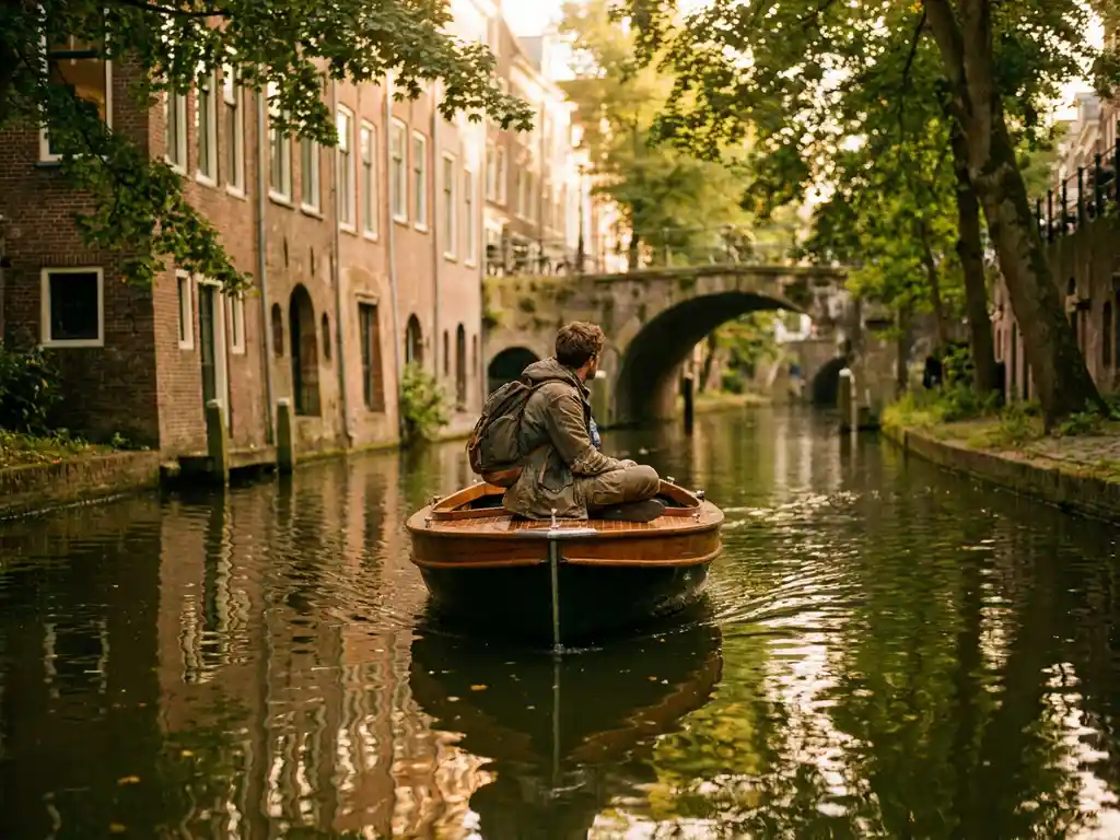 Solo traveler relaxing at the bow of an electric boat on a narrow Utrecht canal, framed by historic brick canal houses and a stone bridge in golden afternoon light.