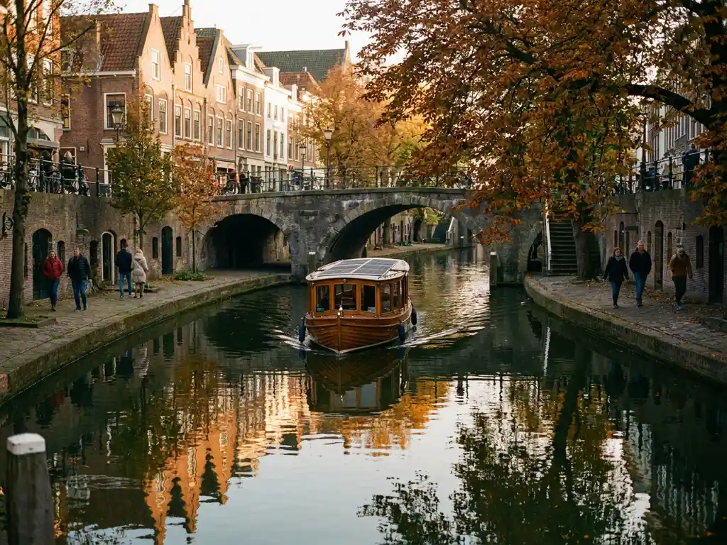 Wooden electric canal boat passing under a stone bridge in Utrecht, autumn foliage reflecting golden hues on calm water beside historic Dutch facades.