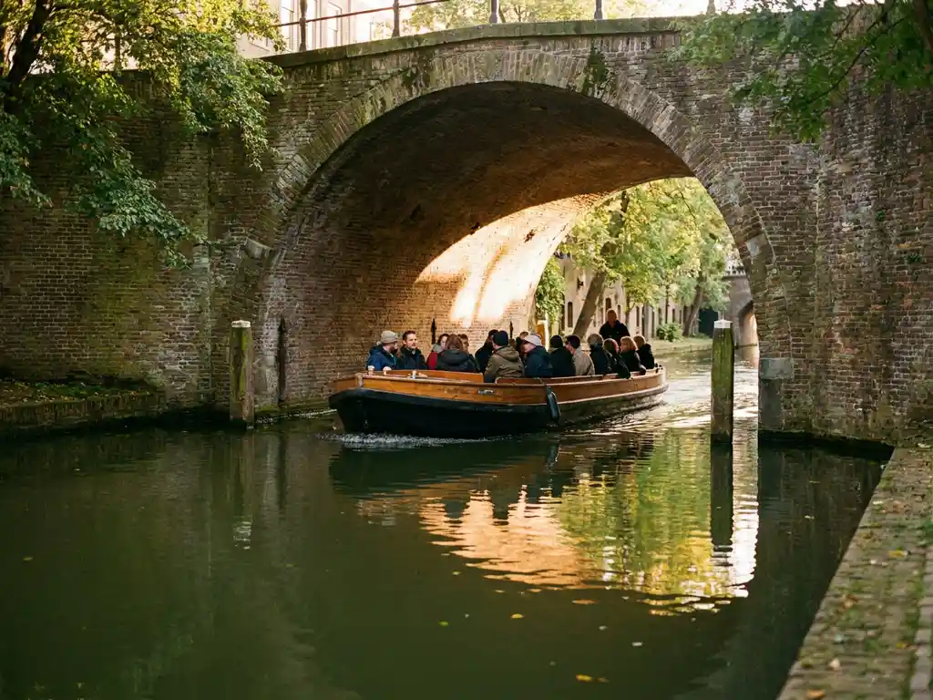 Electric canal boat passing under a historic brick arch bridge in Utrecht, passengers seated on wooden benches, golden afternoon light on calm green water.