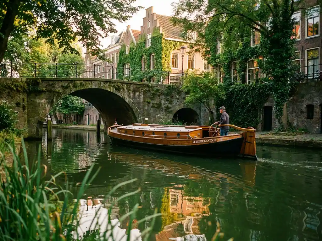 Wooden canal boat passing under a stone bridge on a Utrecht canal, captain at the stern, ivy-covered brick facades reflecting in calm green water.