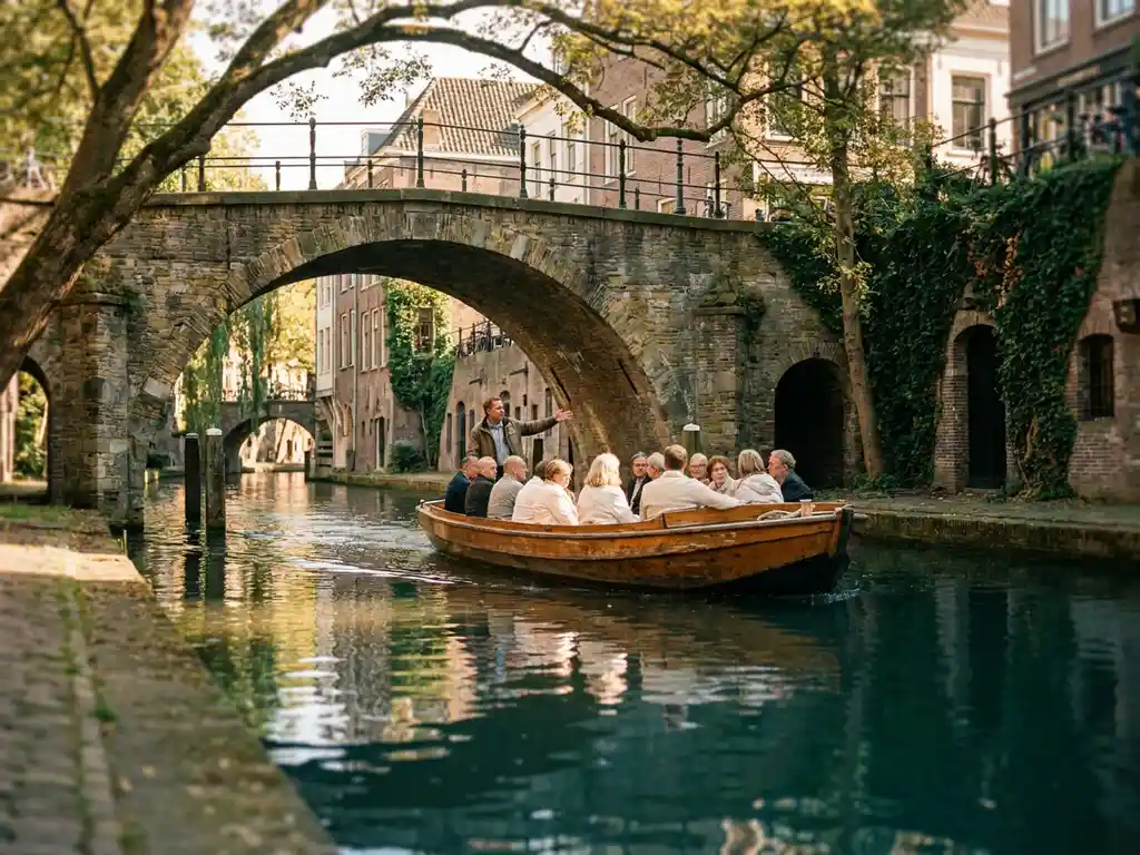 Wooden canal tour boat passing under a historic Utrecht stone bridge, guide gesturing to passengers amid ivy-draped walls and golden afternoon light.