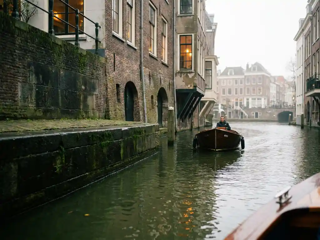 Electric wooden boat gliding past historic Utrecht canal house with medieval brick cellar arches and mossy stone quay walls reflected in still green water.
