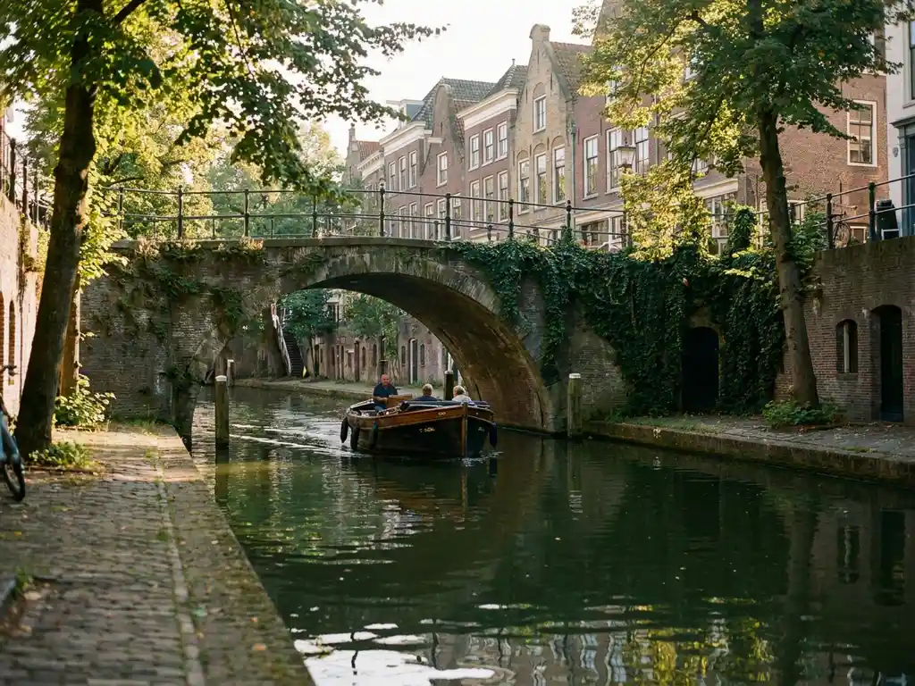 Low wooden electric boat gliding under an ivy-draped stone bridge on a narrow Utrecht canal, historic Dutch gabled facades reflected in still green water.
