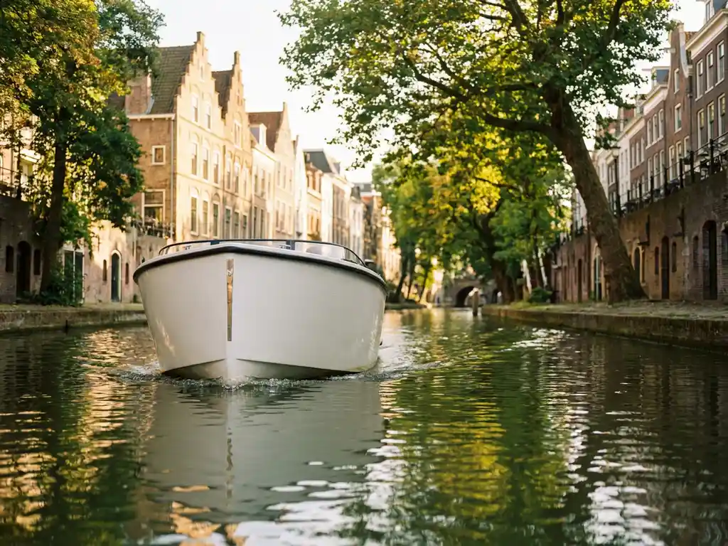 White electric boat navigating a narrow Utrecht canal flanked by historic Dutch step-gabled buildings and overhanging trees.